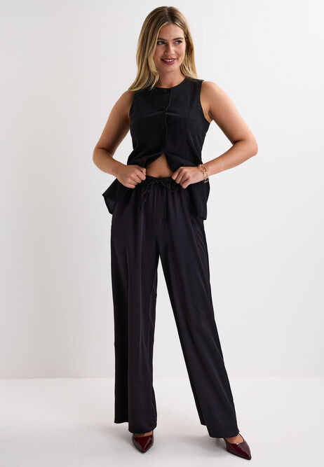 Womens Black Satin Drawstring Wide Leg Trousers | Peacocks