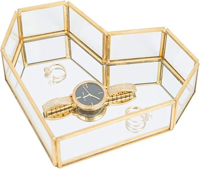 Golden Glass Jewelry Tray, Small Jewel Display Box Clear Glass Case Organizers Lidded Treasure Bo... | Amazon (US)