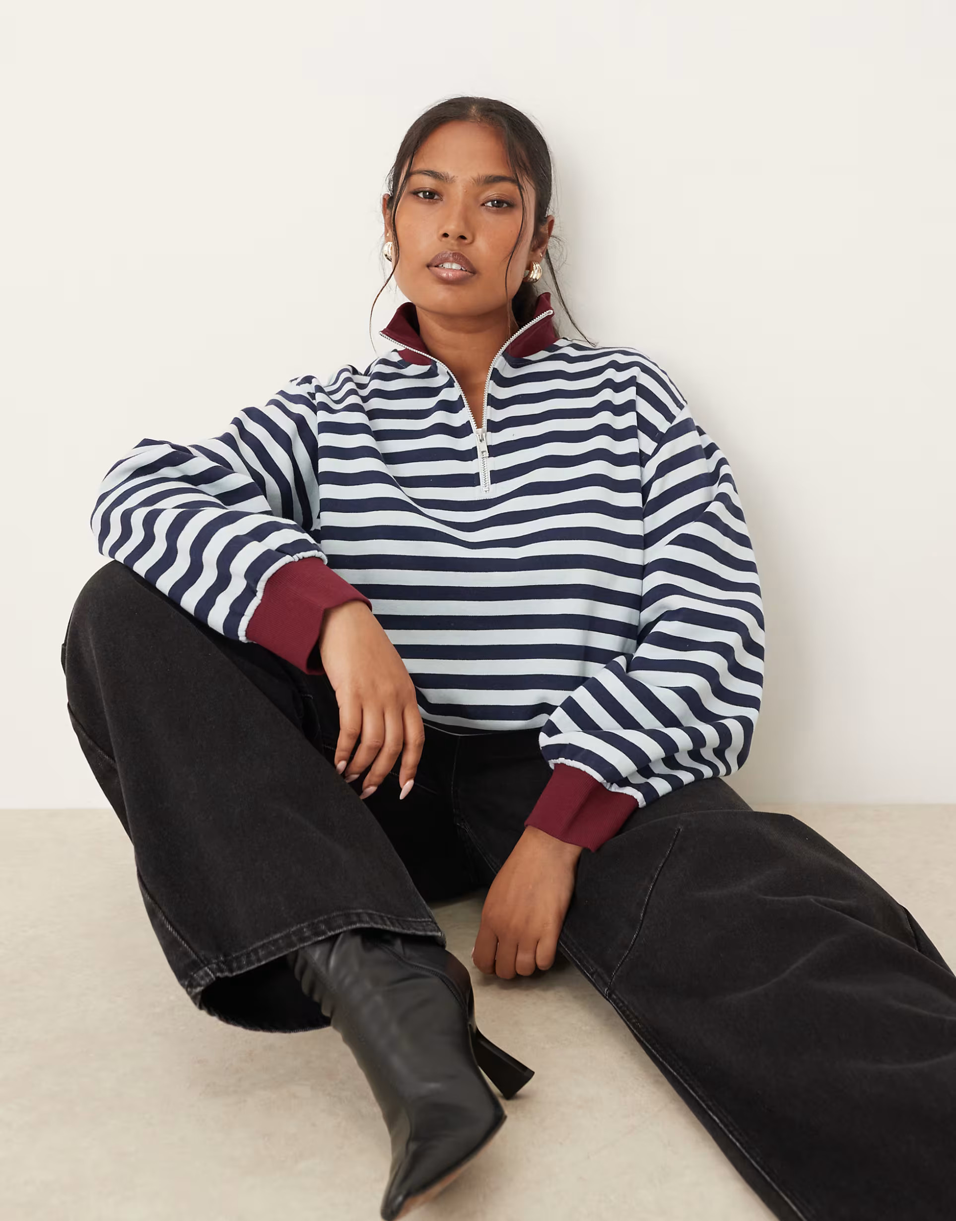 ASOS DESIGN Curve half zip sweatshirt in blue and burgundy stripe | ASOS | ASOS (Global)