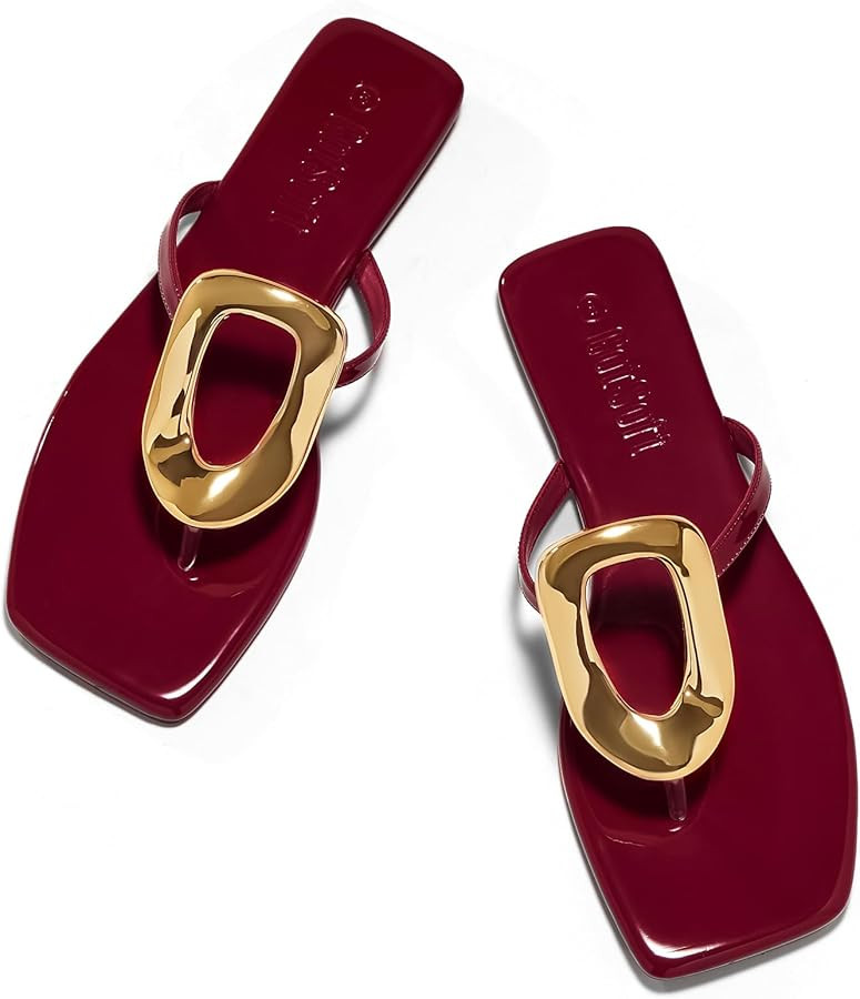 Women's Flat Sandals Summer Square Toe Flip Flops Comfortable Beach Flats Slip on Metal Decoratio... | Amazon (US)