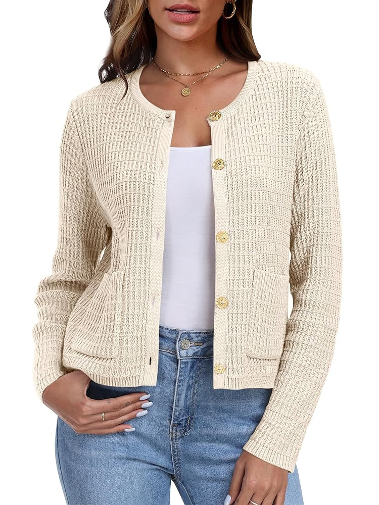 ANRABESS Women Cardigan Sweater Dressy Casual Classic Long Sleeve Crew Neck Button Down Tweed Kni... | Amazon (US)