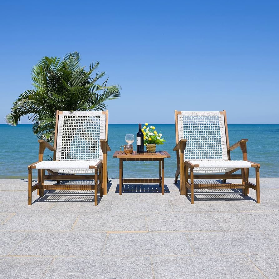 SAFAVIEH Outdoor Collection PAT7076 Conversation Set, Natural/White | Amazon (US)