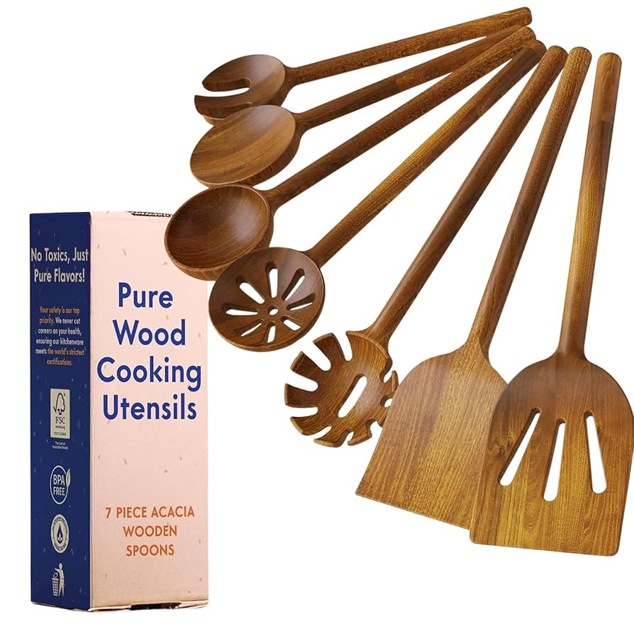 Non-Toxic Wooden Spoons for Cooking– 7-Piece Kitchen Utensils Set, Glue-Free & One-Piece Cookin... | Amazon (US)