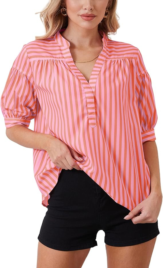 Women Puff Short Sleeve Blouses Striped V Neck Loose Business Casual Shirts Office Work Dressy T ... | Amazon (US)
