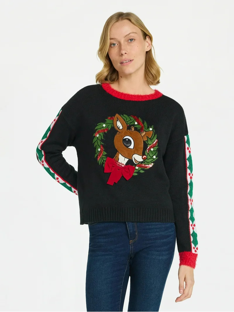 Rudolph Women's Embellished Christmas Sweater with Long Sleeves, Midweight, Sizes XXS-XXL - Walma... | Walmart (US)