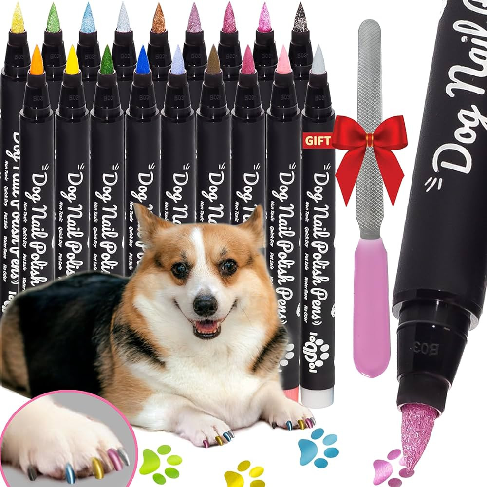 18 Metallic & Matte Colors Dog Nail Polish Pens Quick Dry with Dog Nail File, Non Toxic Glitter D... | Amazon (US)