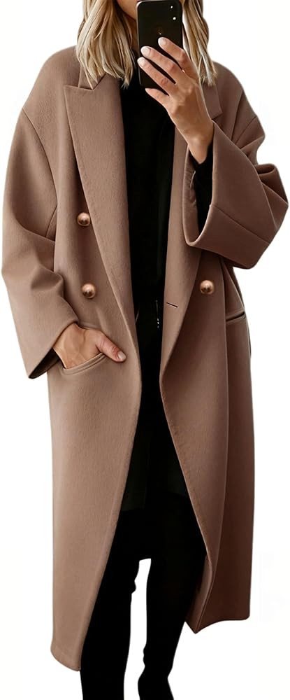 Hooever Women's Winter Double Breasted Wool Coat Drop Shoulder Long Sleeve Notch Lapel Long Trenc... | Amazon (US)