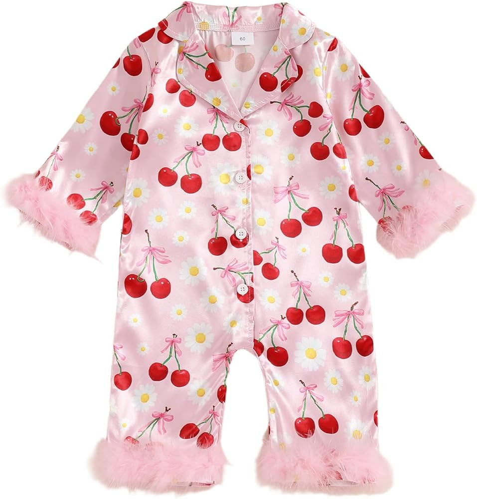 woshilaocai Baby Girl Silk Pajamas Bow Feather Trim Sleeve Button Down Romper Overall Jumpsuit Ne... | Amazon (US)