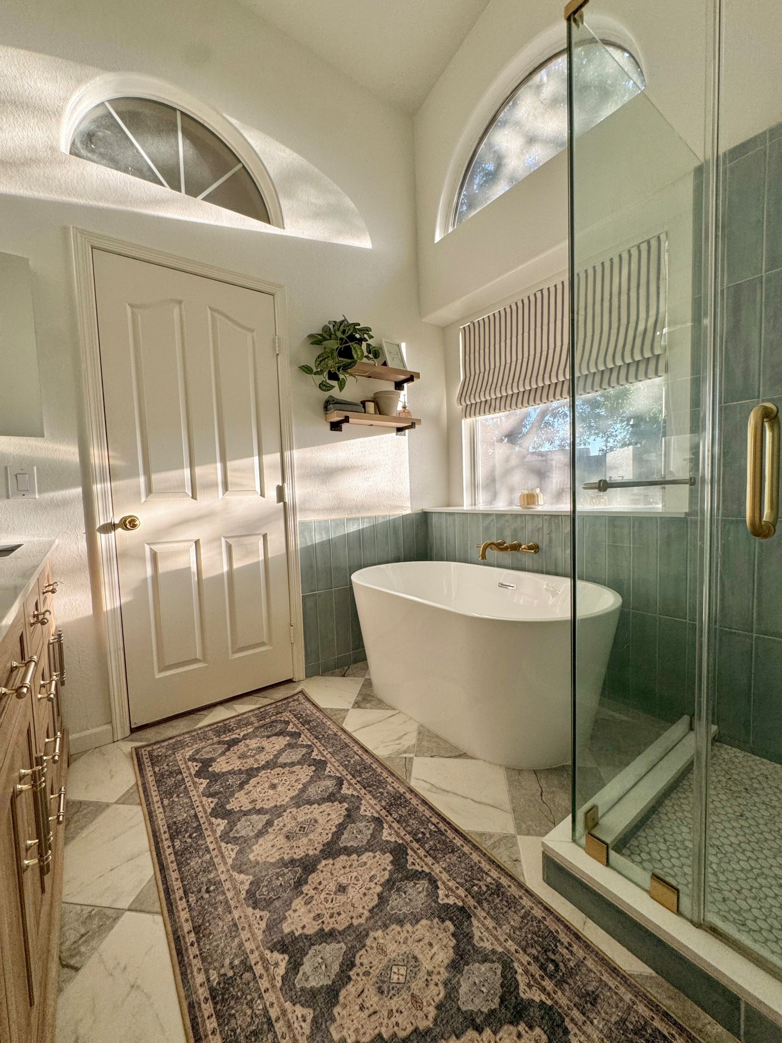 bathroom ideas. standing tub. checkerboard tile. 

blue shower tile is from floor & decor 

#LTKHome #LTKdayinmylife