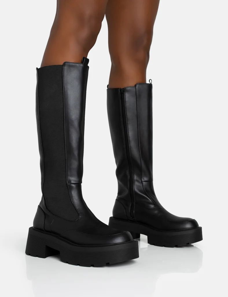 Evergreen Black Pu Knee High Elasticated Detail Chunky Heeled Sole Boots | Public Desire