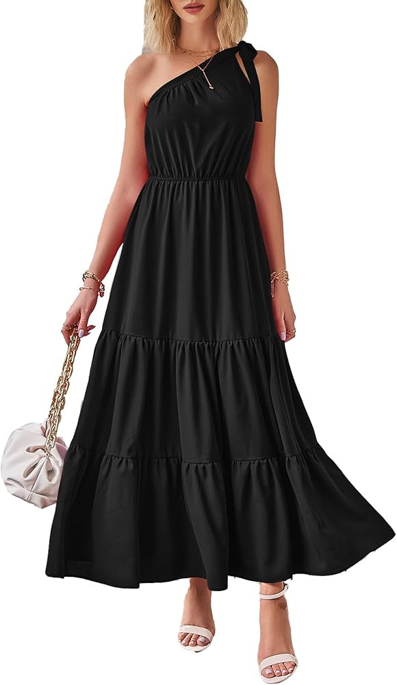 PRETTYGARDEN Women's Summer Floral Maxi Dress Knot One Shoulder Sleeveless Ruffle Flowy Boho Beac... | Amazon (US)