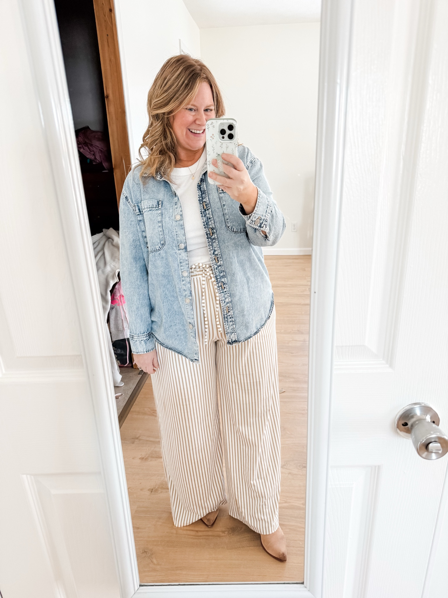 Wearing an XL in my striped pants and tee.  My denim shirt is mostly sold out so linked similar.

#LTKMidsize #LTKWorkwear #LTKmomlife