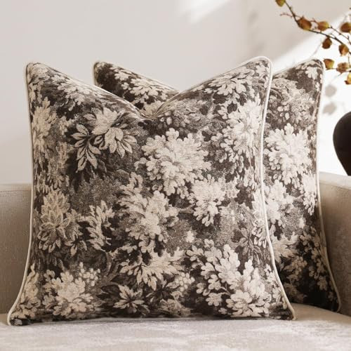 DEZENE Pack of 2 Vintage Floral Throw Pillow Covers 18x18 Boho Farmhouse Accents Chenille Square Decorative Pillow Cases for Living Room Couch Bed Home Decor, Grey | Amazon (US)