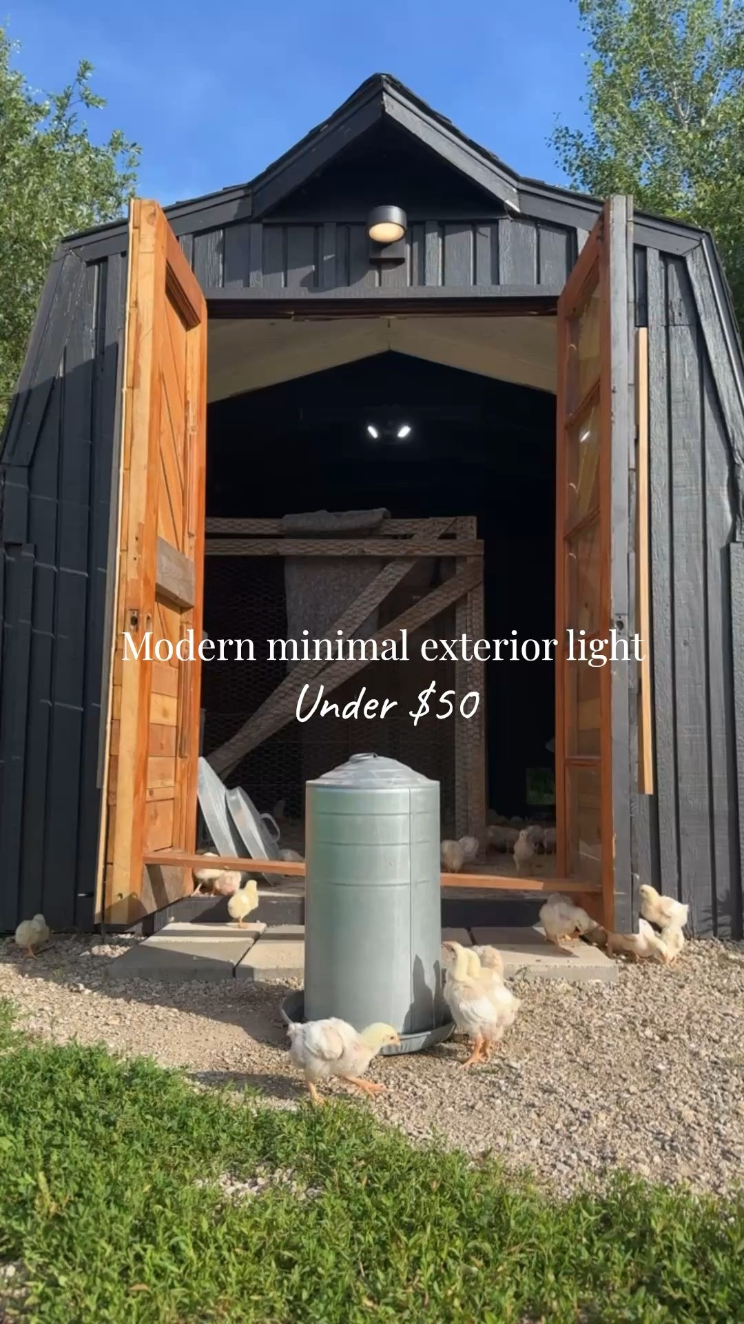 Welcome to our simple modern chicken coop- where we are raising 130 meat birds.

However, you could use this black minimal exterior light anywhere you like! 

Price is great, and the color is warm!

#LTKHome