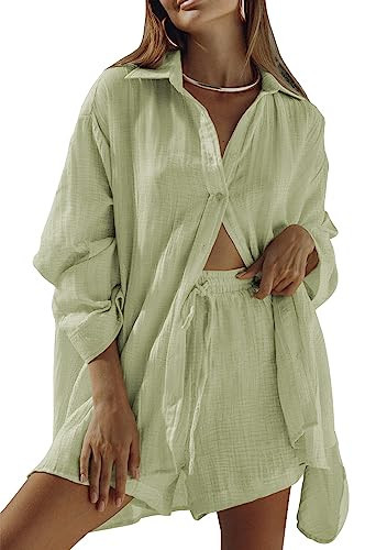 Fixmatti Women 2 Piece Linen Outfits Button Blouse Long Sleeve Shirt High Waist Shorts Set y2k Streetwear Light Green L | Amazon (US)