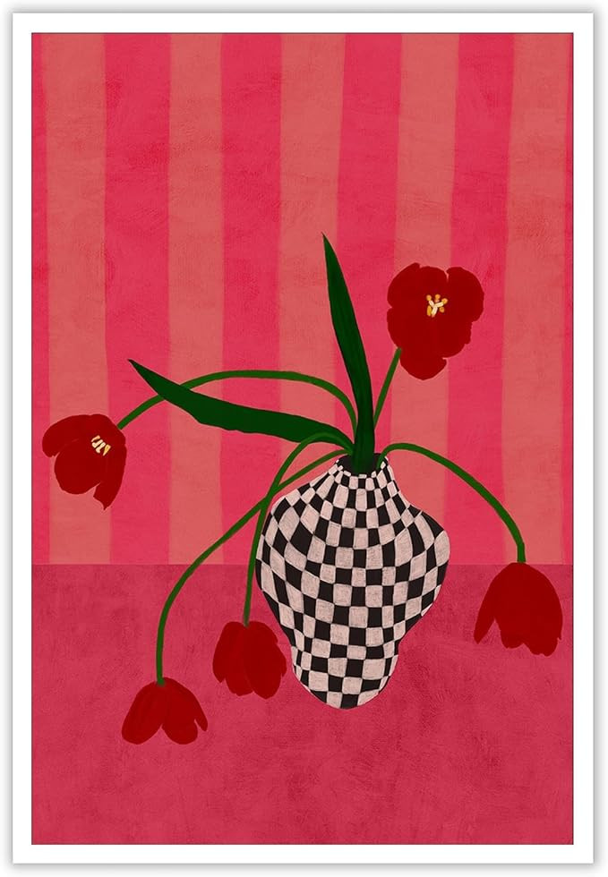 Contemporary, Eclectic Canvas Wall Art Tulips In A Checkered Vase Prints Poster Funny Floral Art ... | Amazon (US)
