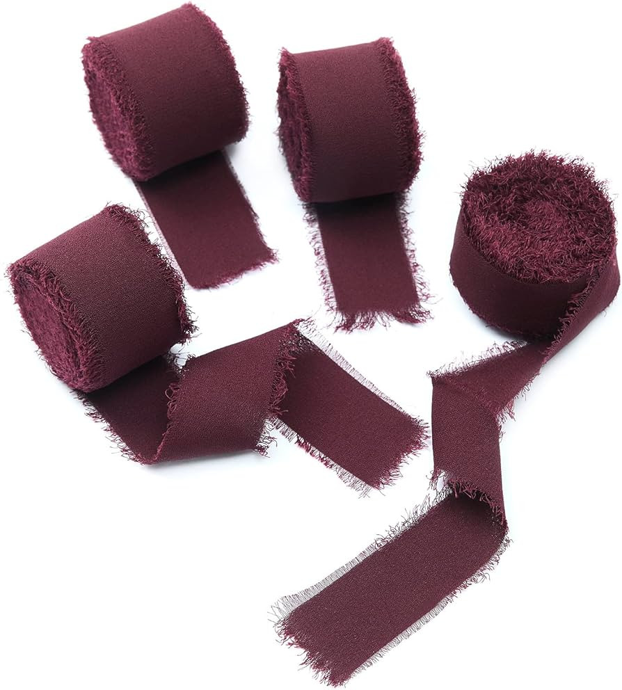 4 Rolls Burgundy Handmade Fringe Chiffon Silk Ribbon 1"W x 5Yd Per Roll,Frayed Edges Ribbon Set f... | Amazon (US)