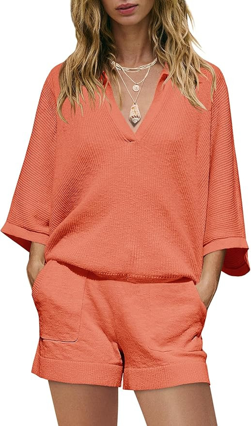 SENSERISE Womens Lounge Set Summer Sweater Matching Sets Batwing Sleeve V Neck Top and Shorts wit... | Amazon (US)