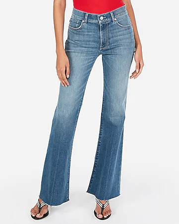 WomenClearance  WomenStyle 07158645Chigh waisted raw hem flare jeans$49.99 marked down from $88.0... | Express