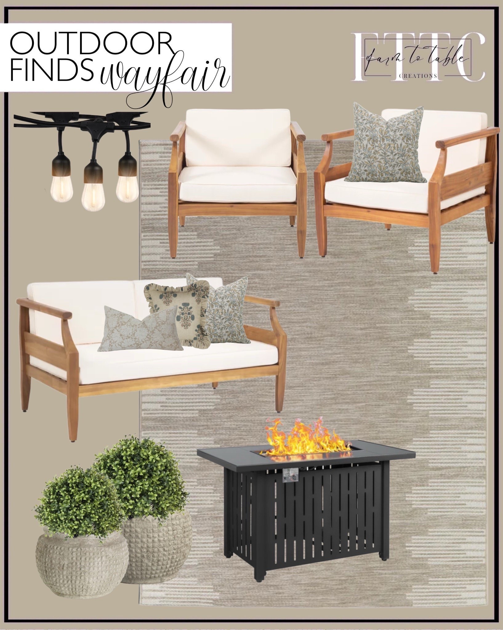 Wayfair Outdoor Finds. Follow @farmtotablecreations on Instagram for more inspiration.

Outdoor Rug. Teak Seating Group. Outdoor Fire Pit. Outdoor Planter. Outdoor string lights. Faux Outdoor Plants. Indoor Outdoor Pillow Cover. 

Wayfair Patio | Spring Refresh |  Bedroom Finds | Neutral Stems | Spring Stems | Bookshelf Decor | Bedroom Space | Cozy Corner | Bathroom | Curated Entryway | Spring  Decor | End of Year Clearance | Trending Decor | Viral Decor  | Coffee Table Decor | Neutral Decor | Stem Sale | Target Finds | Skinny Bench | Bedroom | Living Room | Breakfast Nook | Amazon Home | Target Sale | Loloi Rugs | Magnolia Home | console table | console table styling | faux stems | entryway space | front porch decor | neutral decor | entryway decor | cozy home | affordable decor |  home decor | home inspiration | console styling | entryway rug | cozy moody home | moody home decor | neutral home | bathroom decor | living room | spring decor | Hearth & Hand | Studio McGee | 2025 Home Trends | trending home |


#LTKFindsUnder50 #LTKHome #LTKSaleAlert