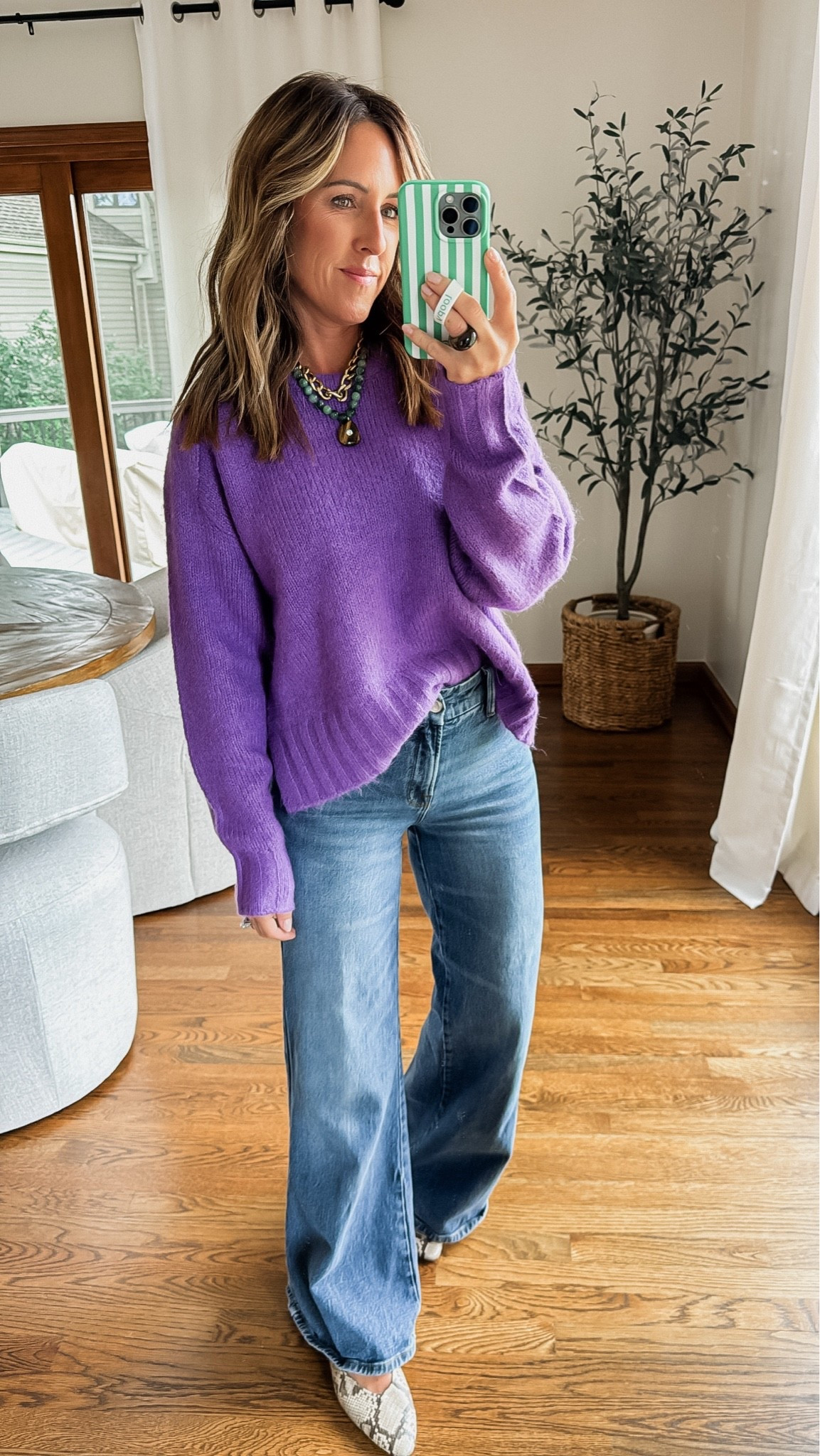 This purple is such a standout. 
Size small here. 
Exact petite palazzo jeans mine are a lighter wash. Size 0

#LTKootd #LTKmomlife #LTKSeasonal
