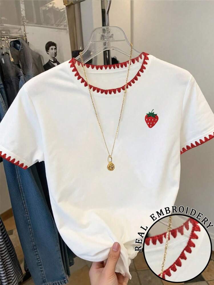 Resyla Women's Strawberry Embroidery Ruffle Trim Short Sleeve Casual T-Shirt | SHEIN