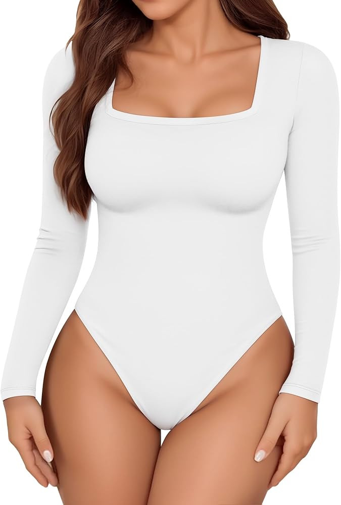Womens Long Sleeve Body Suits Square Neck Thong Bodysuit Slim Shirts Sexy Fall Going Out Tops Y2K... | Amazon (US)