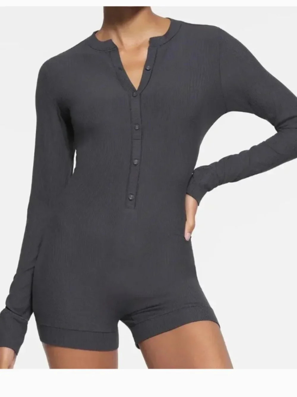 SKIMS Ribbed Henley Romper XS Charcoal Modal Long Sleeve Onesie | Poshmark