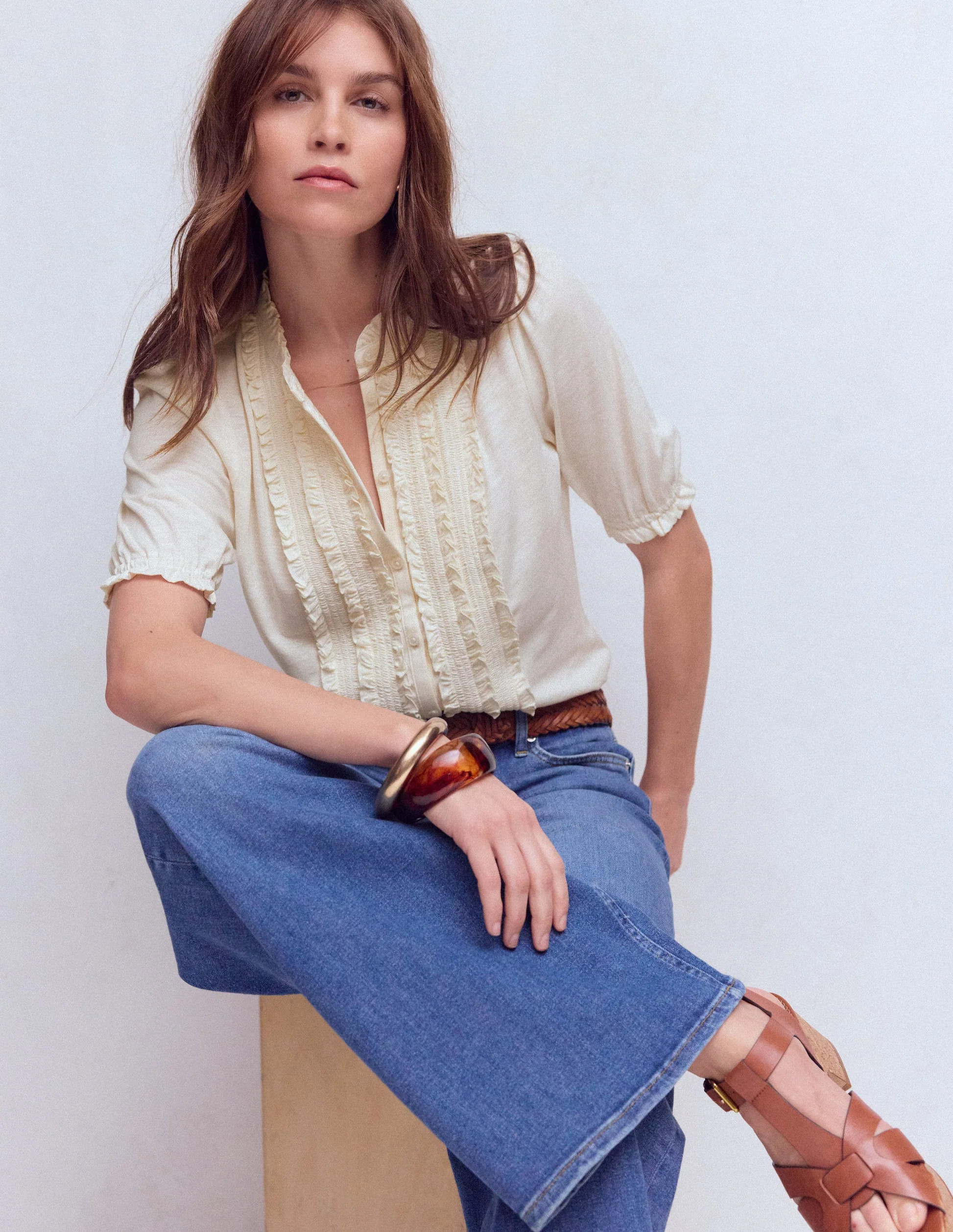 Eda Ruffle Front Shirt-Ivory | Boden (US)