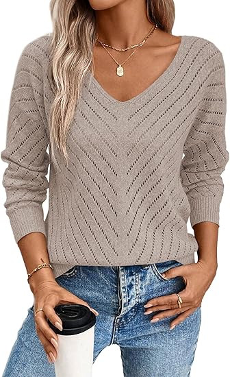 SHEWIN Womens Sweaters V Neck Long Sleeve Shirts Knit Hollow Out Crochet Sweater Fall Outfits for... | Amazon (US)