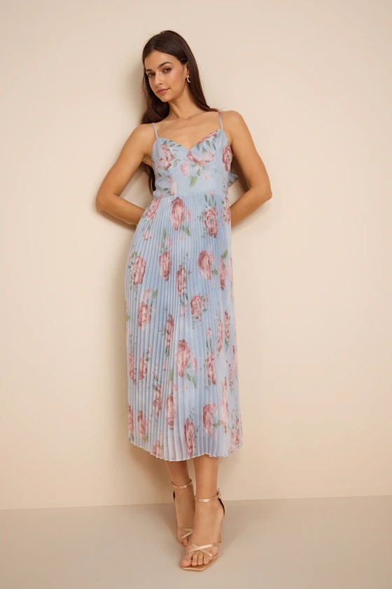 Alondra Light Blue Multi Floral Pleated Midi Dress | Lulus