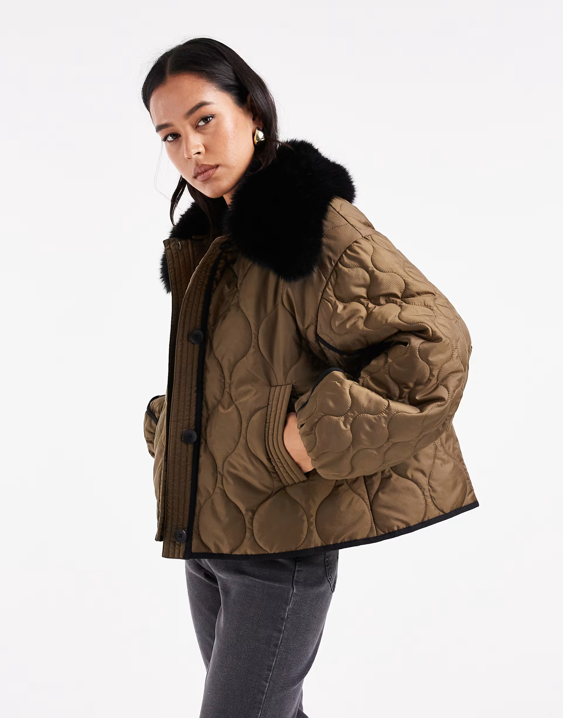 ASOS DESIGN quilted hybrid borg collarless jacket in khaki | ASOS | ASOS (Global)