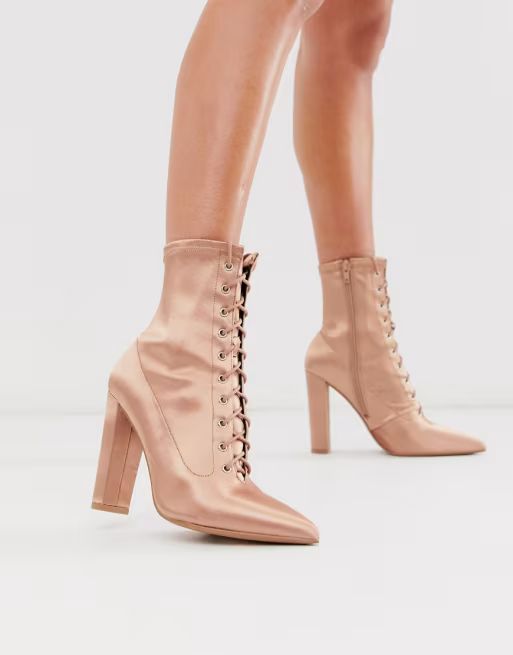 ASOS DESIGN Equals lace up block heel boots in pink satin | ASOS | ASOS US