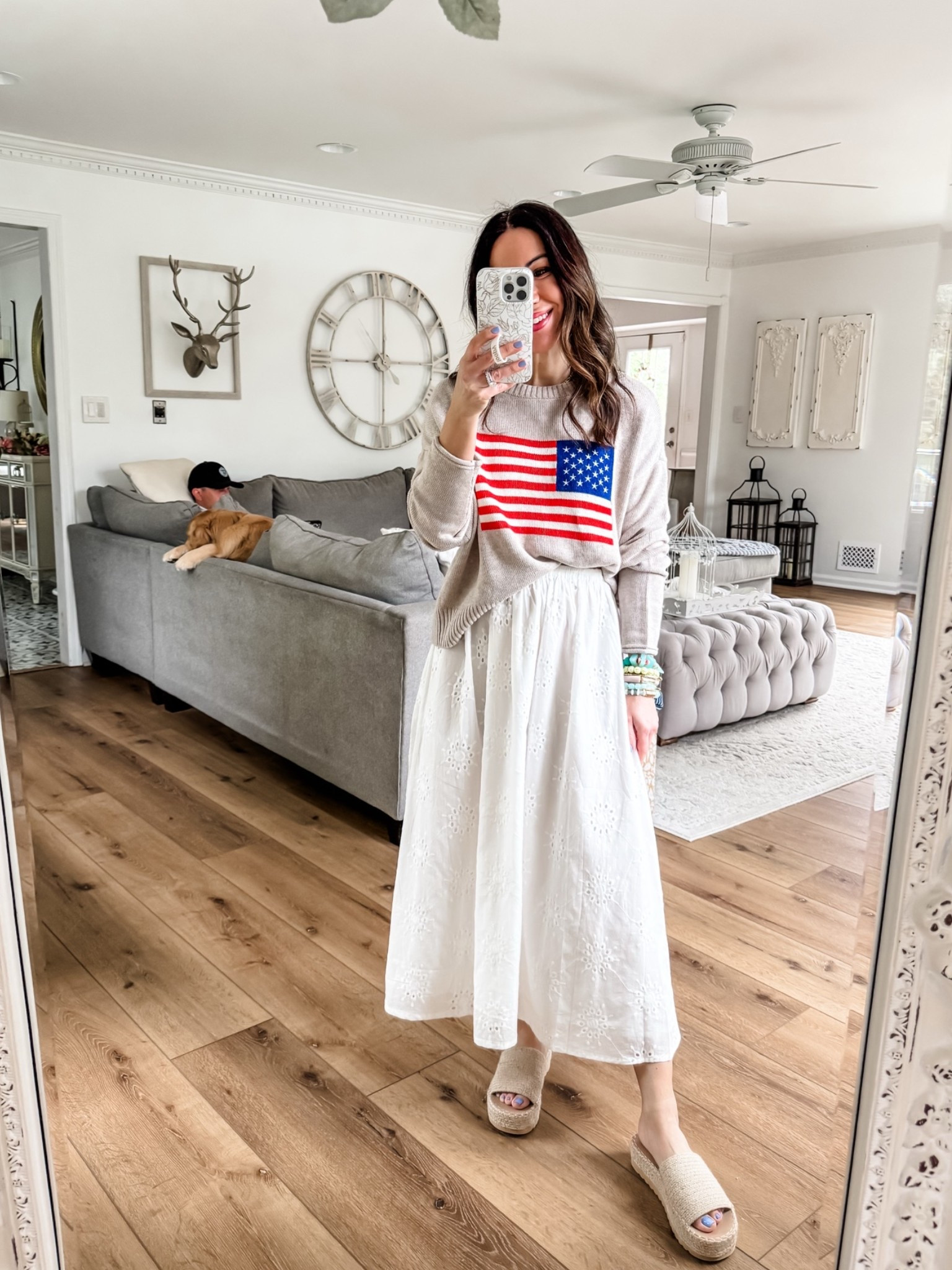 Small flag sweater. Small white skirt. Sandals TTS. MDW, 4th of July outfit

#LTKOver40