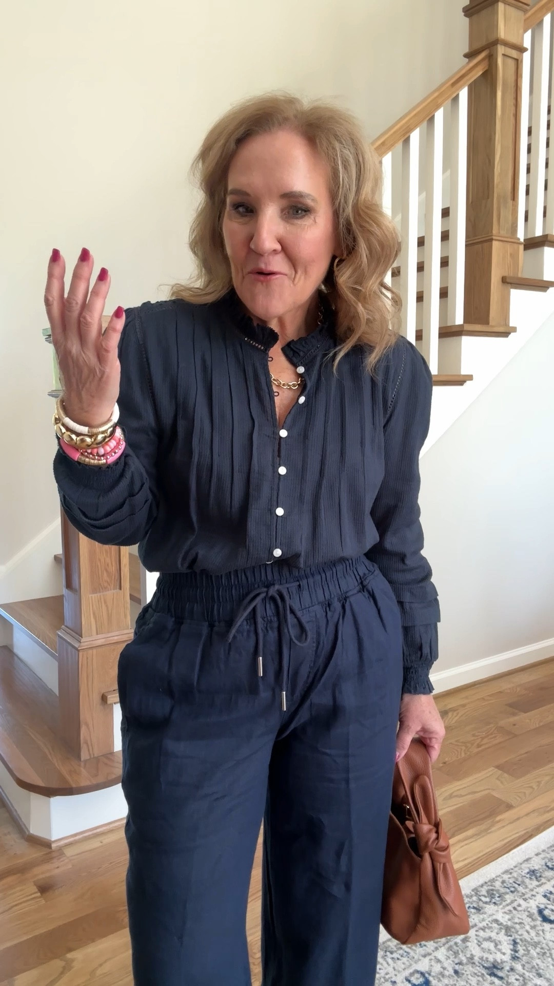 Style tip! Add two navy pieces, and caramel brown and you have an instant classic look! 

Quince cotton blouse size medium 
Quince linen pants size medium 28 inseam 

#LTKFindsUnder100 #LTKWatchNow #LTKOver40