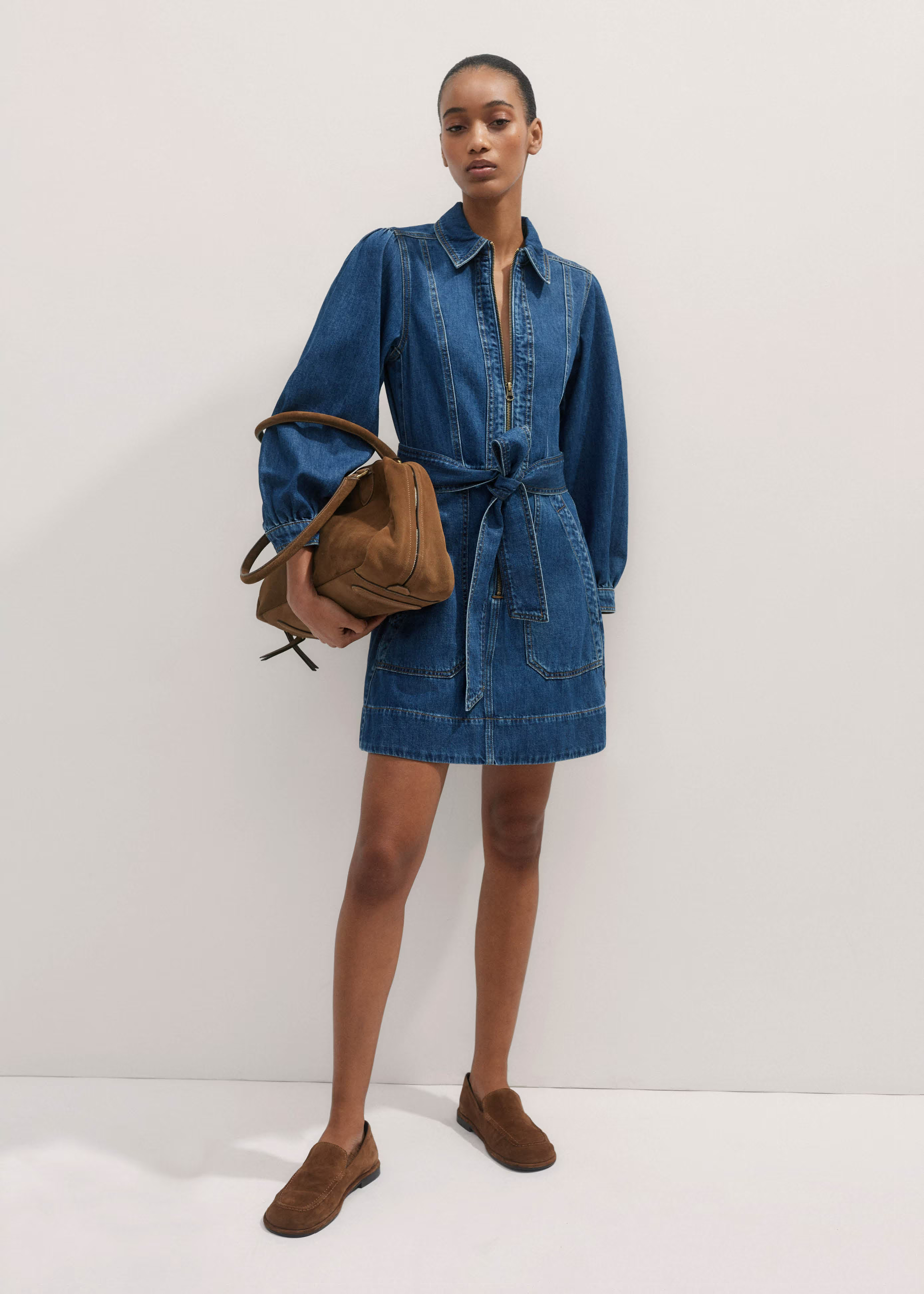 Women's Blue Denim Mini Dress + Belt | ME+EM | ME+EM US