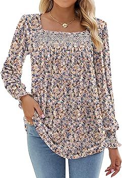 Micoson Womens Puff Long Sleeve Shirts Square Neck Floral Print Boho Blouses Smocked Cuff Tunic T... | Amazon (US)