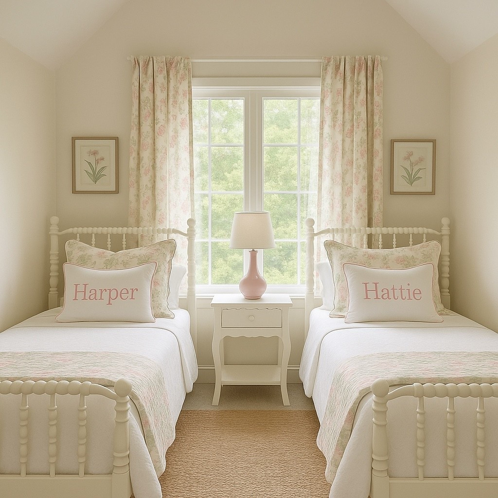 GIRLS SHARED ROOM INSPO | I’m working on designing my girls shared room and I got ChatGPT to help me with this mockup. I asked for Jenny Lind, Pottery Barn, Crate & Barrel, LoveShackFancy, Camilla Moss, Lulie Wallace, Grandmillenial vibes. I’m loving this and can’t wait to bring it to life! 

#LTKKids #LTKHome #LTKBaby