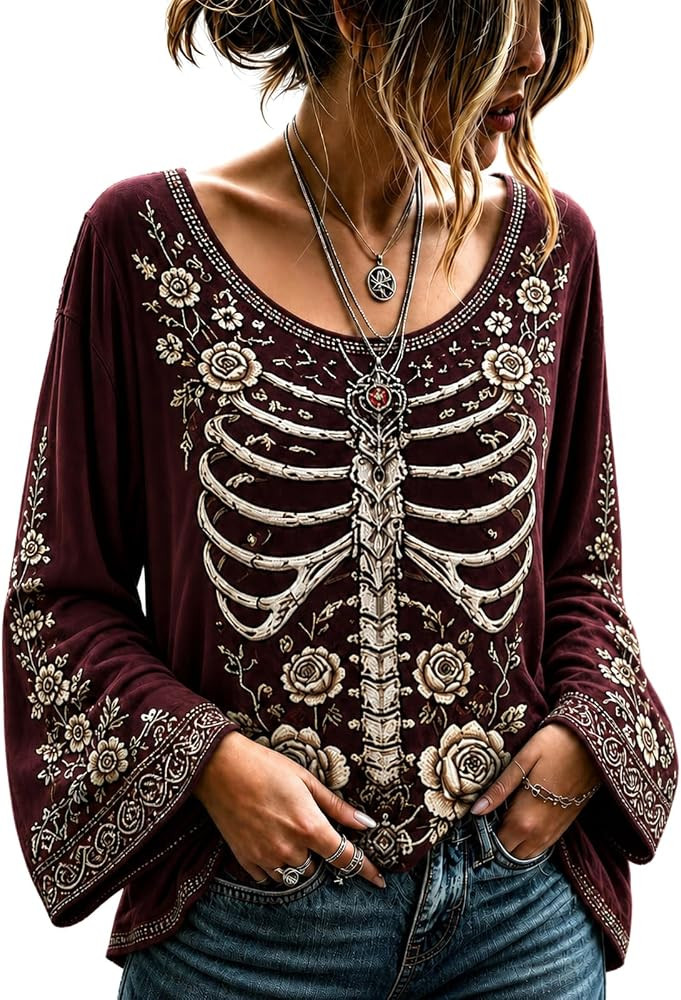 Women Halloween Shirt Boho Bell Sleeve Crewneck Graphic Top | Amazon (US)