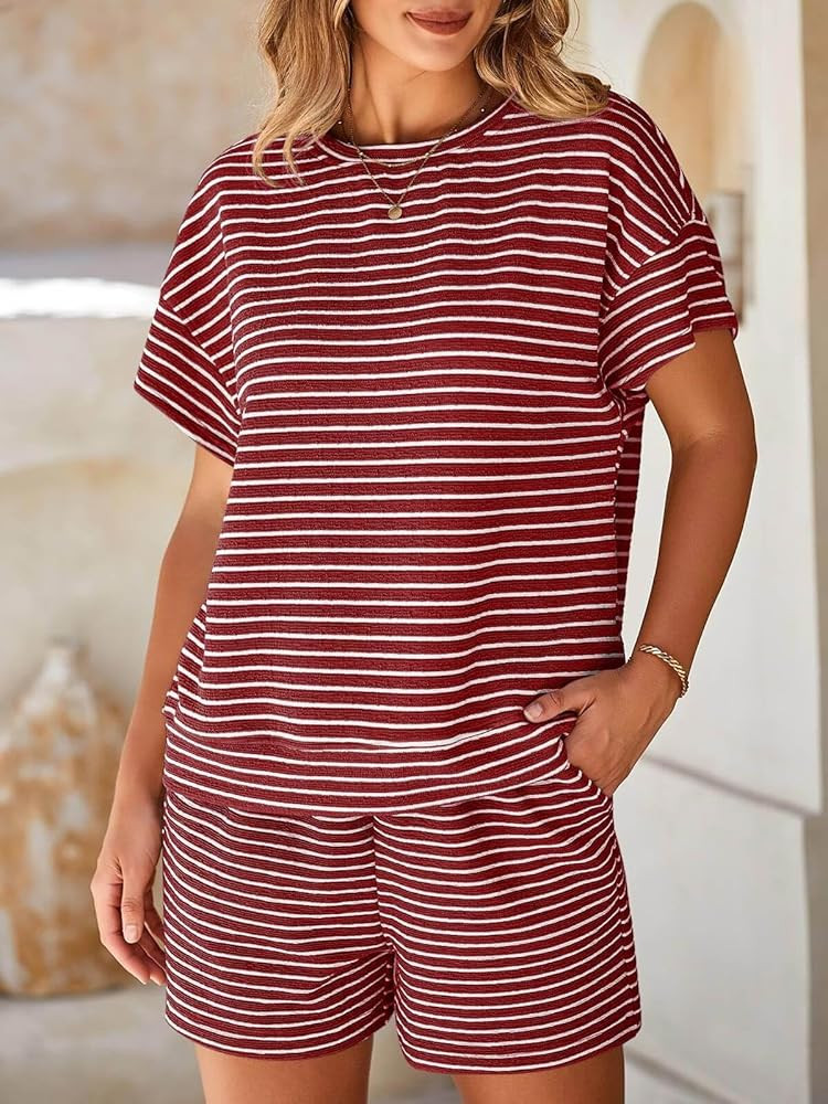 Tankaneo Womens Pajamas 2 Piece Lounge Sets Striped Short Sleeve T Shirts Drawstring Shorts Match... | Amazon (US)