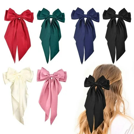 Big Hair Bows for Women, 6pcs Silky Satin Bow Hair Clips with Long Tail, French Style Bows for Hair | Walmart (US)