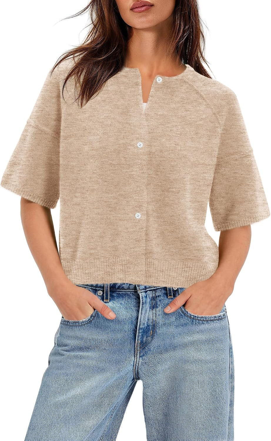 Yanekop Womens Short Sleeve Cardigan Lightweight Cropped Oversized Sweaters | Amazon (US)
