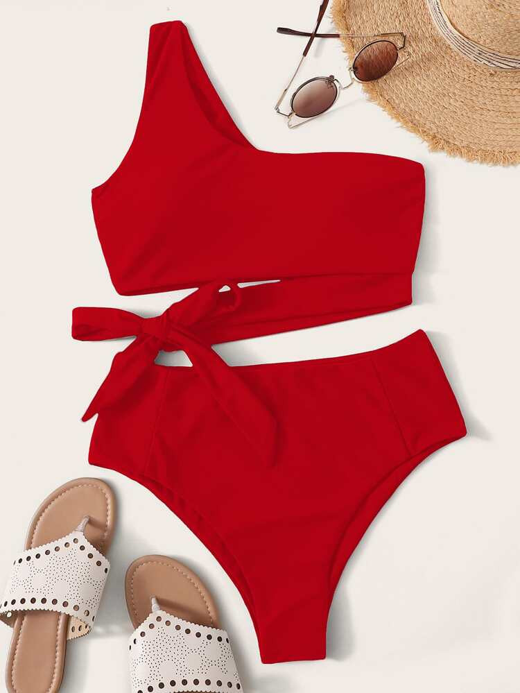 Knot Side One Shoulder Bikini Swimsuit | SHEIN