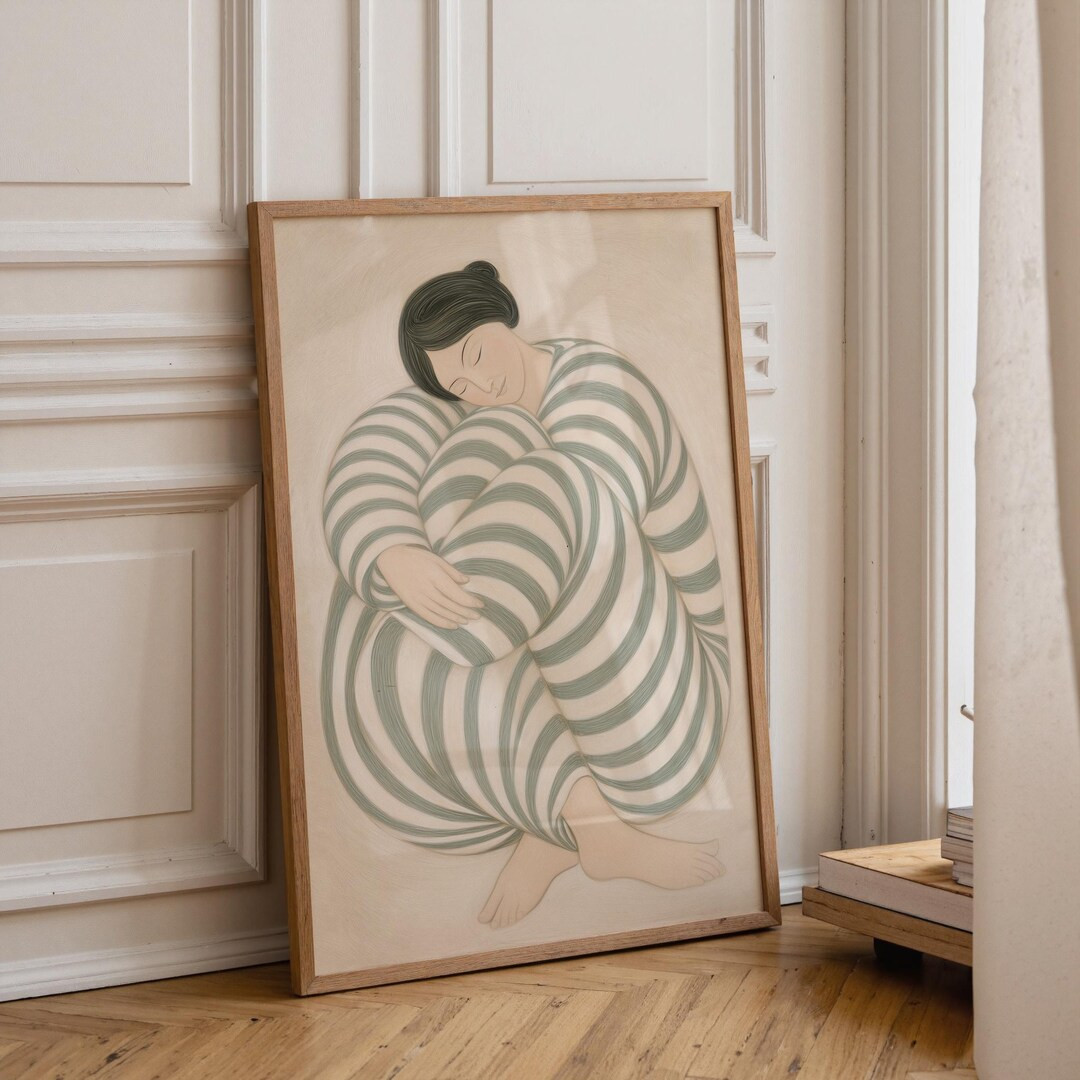 Abstract Striped Lady Art, Modern Female Figure Giclée (Digital Download), Green Eclectic Home D... | Etsy (US)