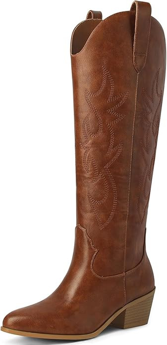 Ouepiano White Cowgirl Boots Women Cowboy Knee High Tall Boots Chunky Heel Pointed Toe Pull-On We... | Amazon (US)