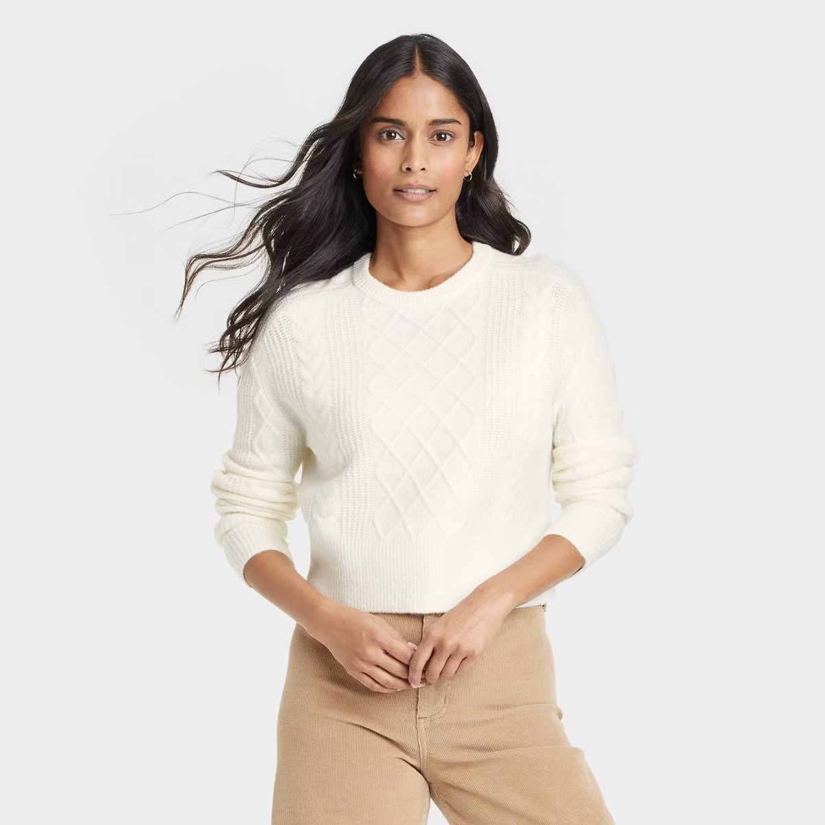 Women's Crewneck Cashmere-Like Cable Pullover Sweater - Universal Thread™ Cream S | Target