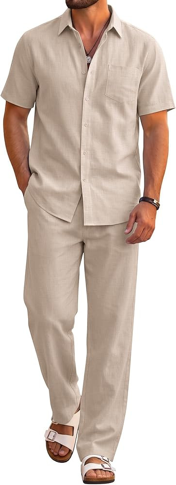 COOFANDY Men's 2 Piece Sets Beach Outfits Cotton Short Sleeve Button Down Shirts Loose Pants Summ... | Amazon (US)