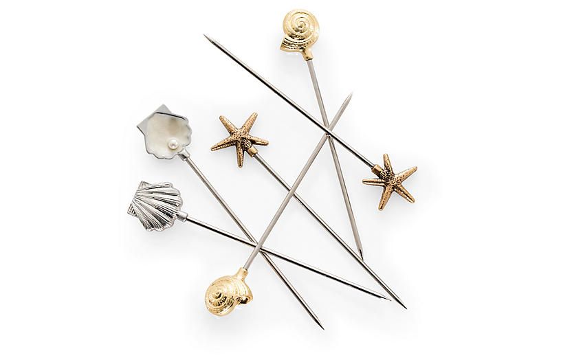 S/6 Shell Cocktail Picks, Silver/Gold | One Kings Lane