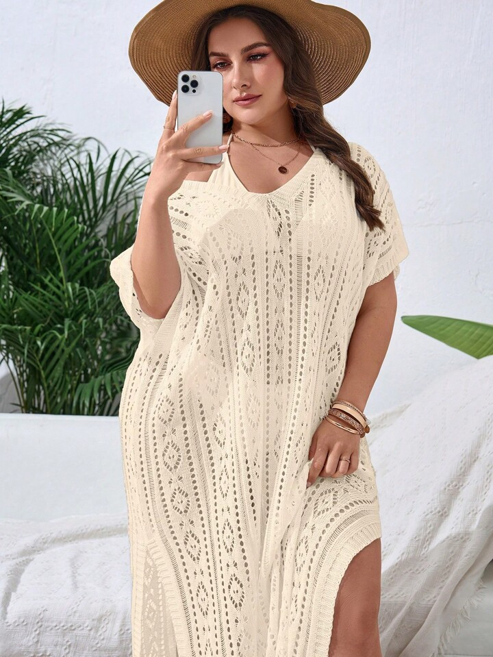 Swim Vcay Plus Size Hollow Out Split Thigh Cover Up Dress Without Bikini Summer | SHEIN