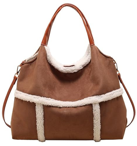 Large Suede Tote Bag for Women Vintage Lamb Wool Lined Shoulder Bag Crossbody Purse Top Handle Satchel Purse Work | Amazon (US)